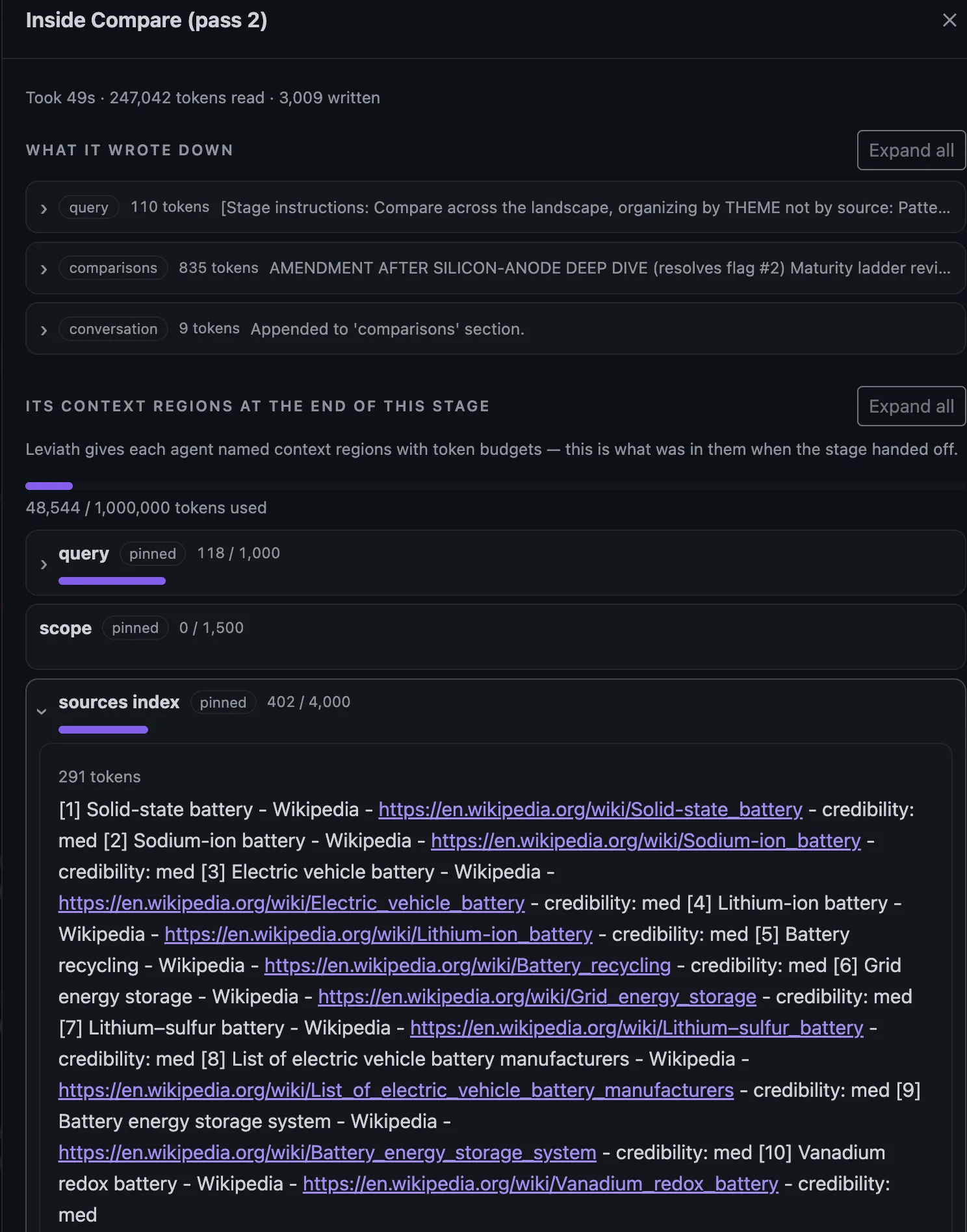 One stage of a run expanded in The Lair, showing what it wrote down and each of its context regions with the tokens it used against the budget it was given.